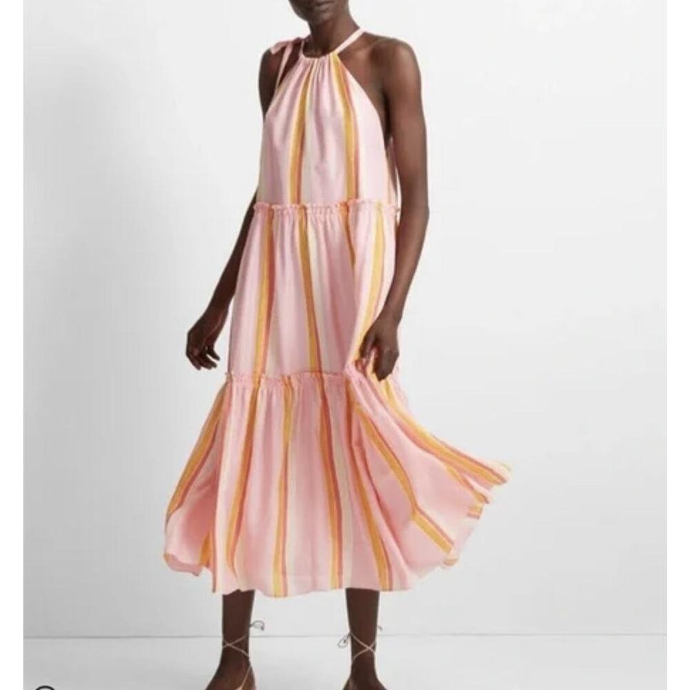 Club Monaco Midi Silk Dress Womens 8 Amirra Pink Multi Stripe Silk Halter